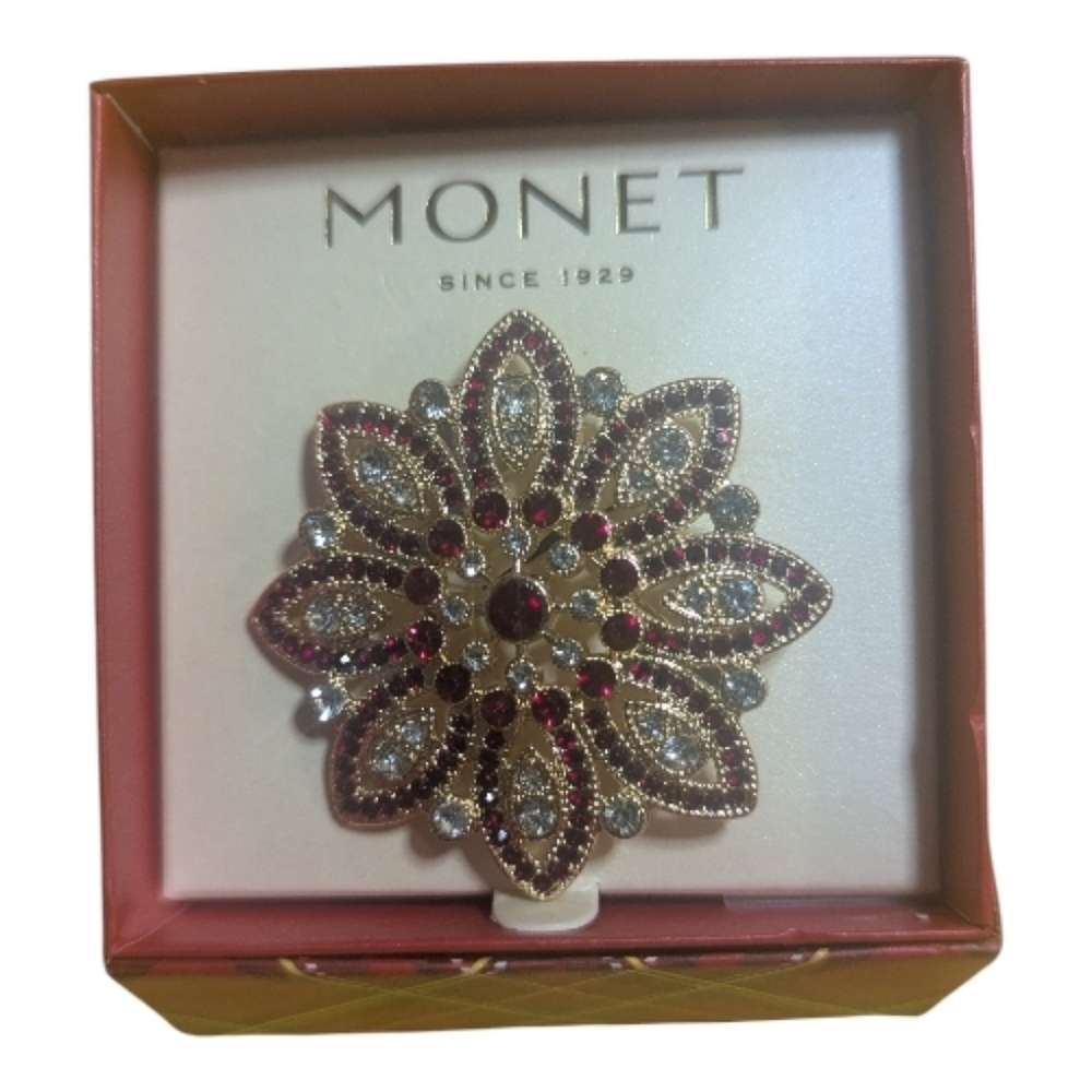 Monet Gemstone Brooch Flower Shape Rhinestone Red
